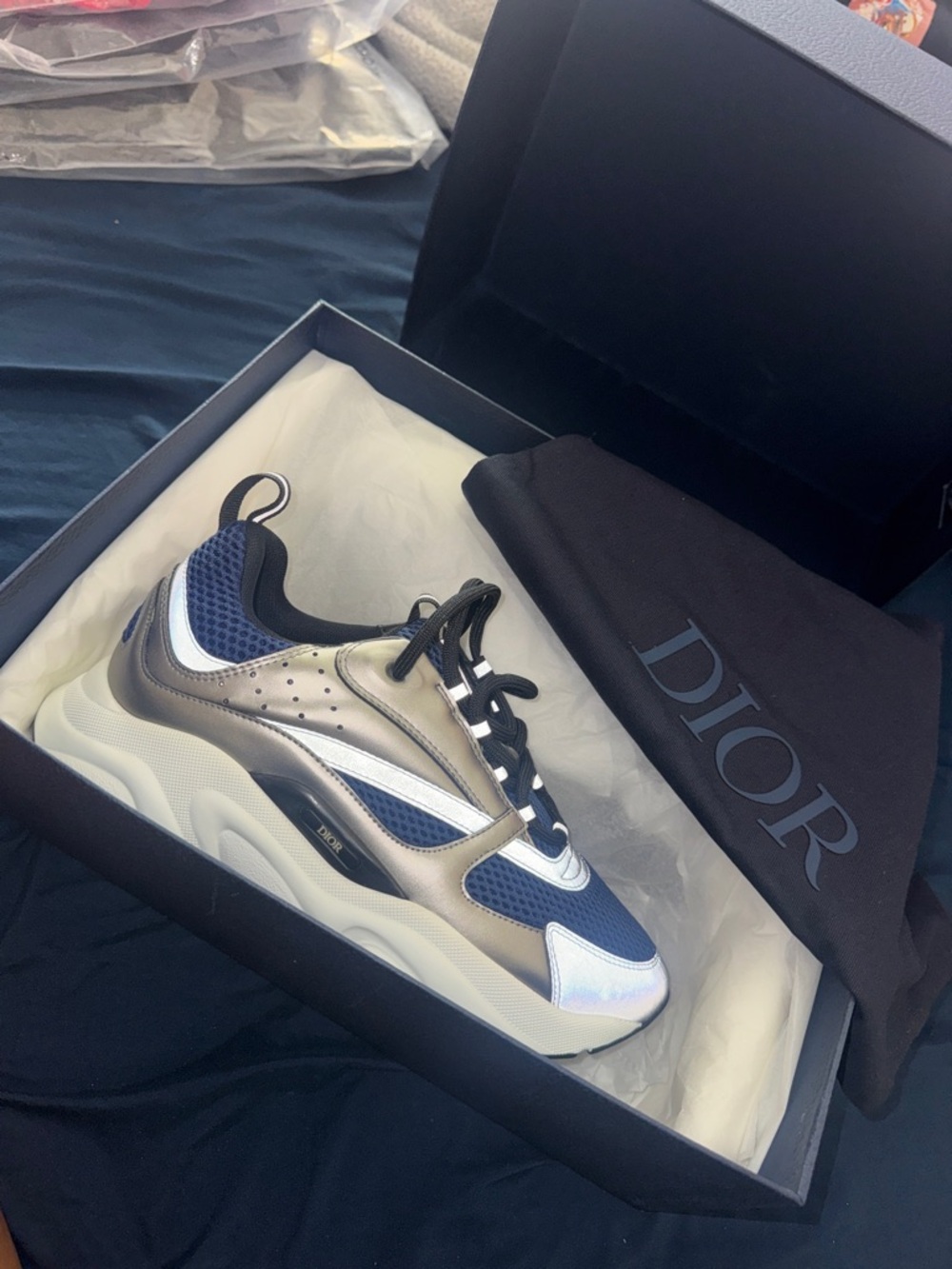 Dior Men's B22 Low-Top Sneaker in Navy, Metallic Silver & White